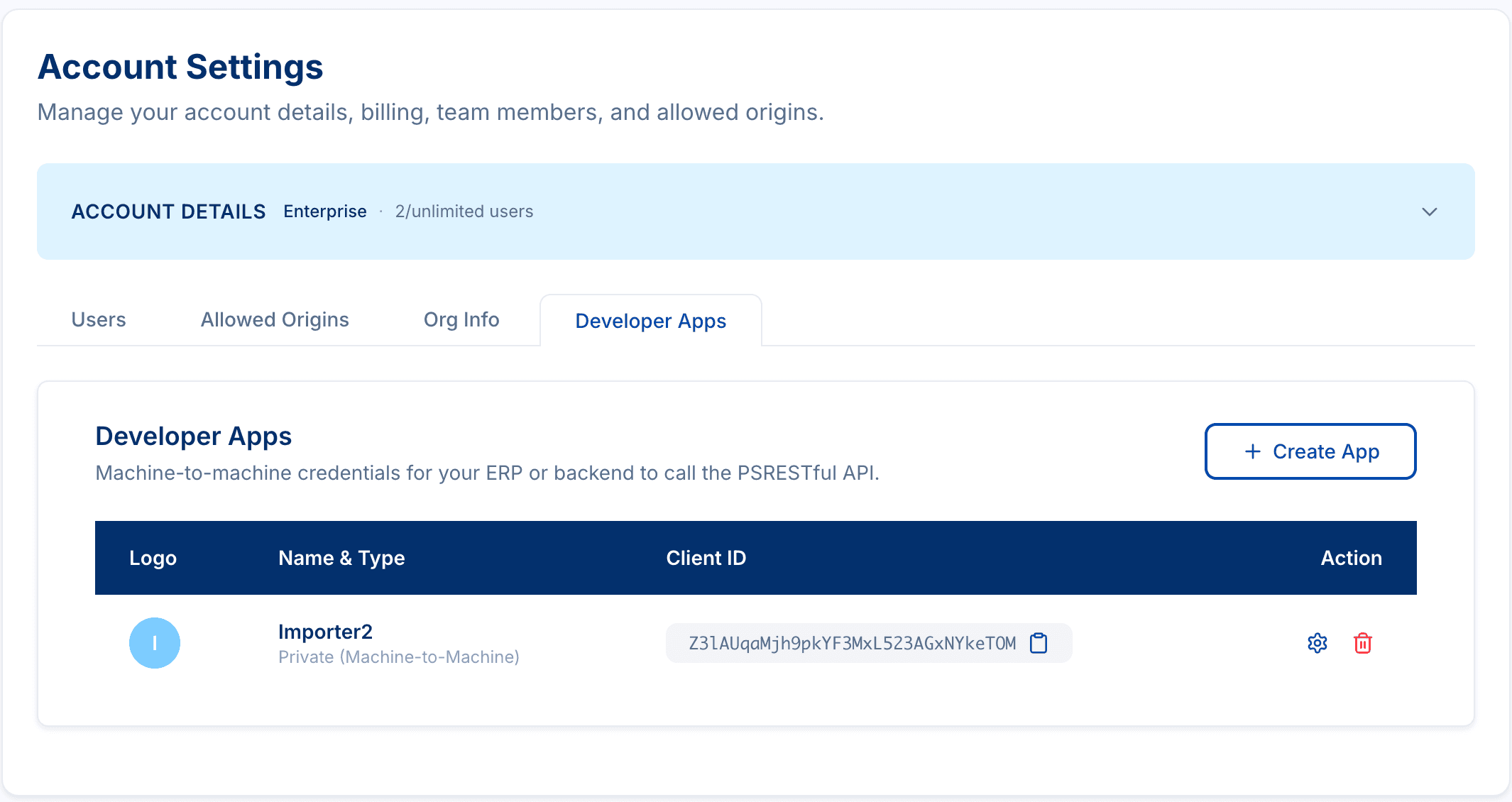 Developer Apps tab listing an app with its Client ID and Settings / Delete actions