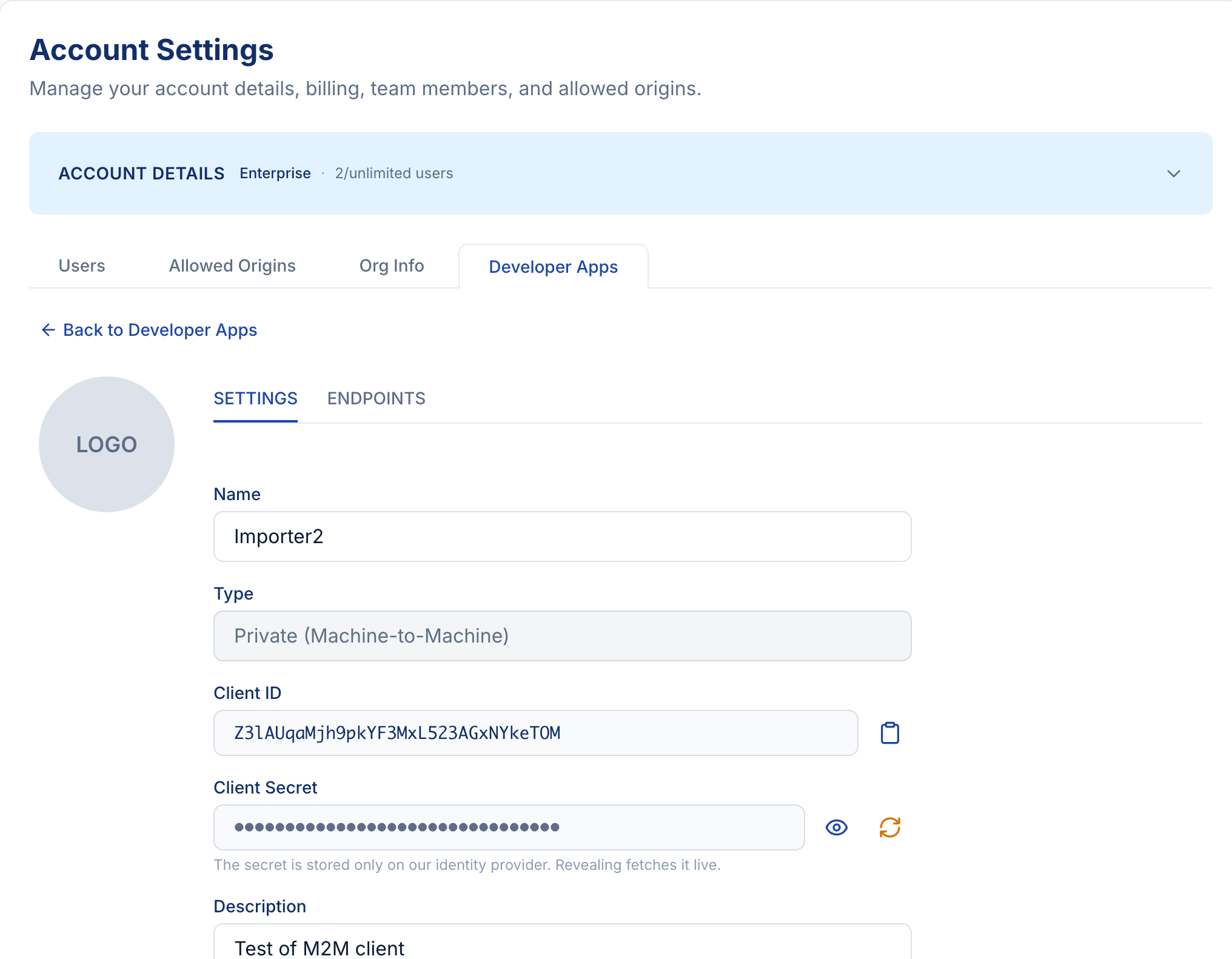 Developer App Settings tab showing Name, Type, Client ID, and a masked Client Secret with reveal and rotate controls