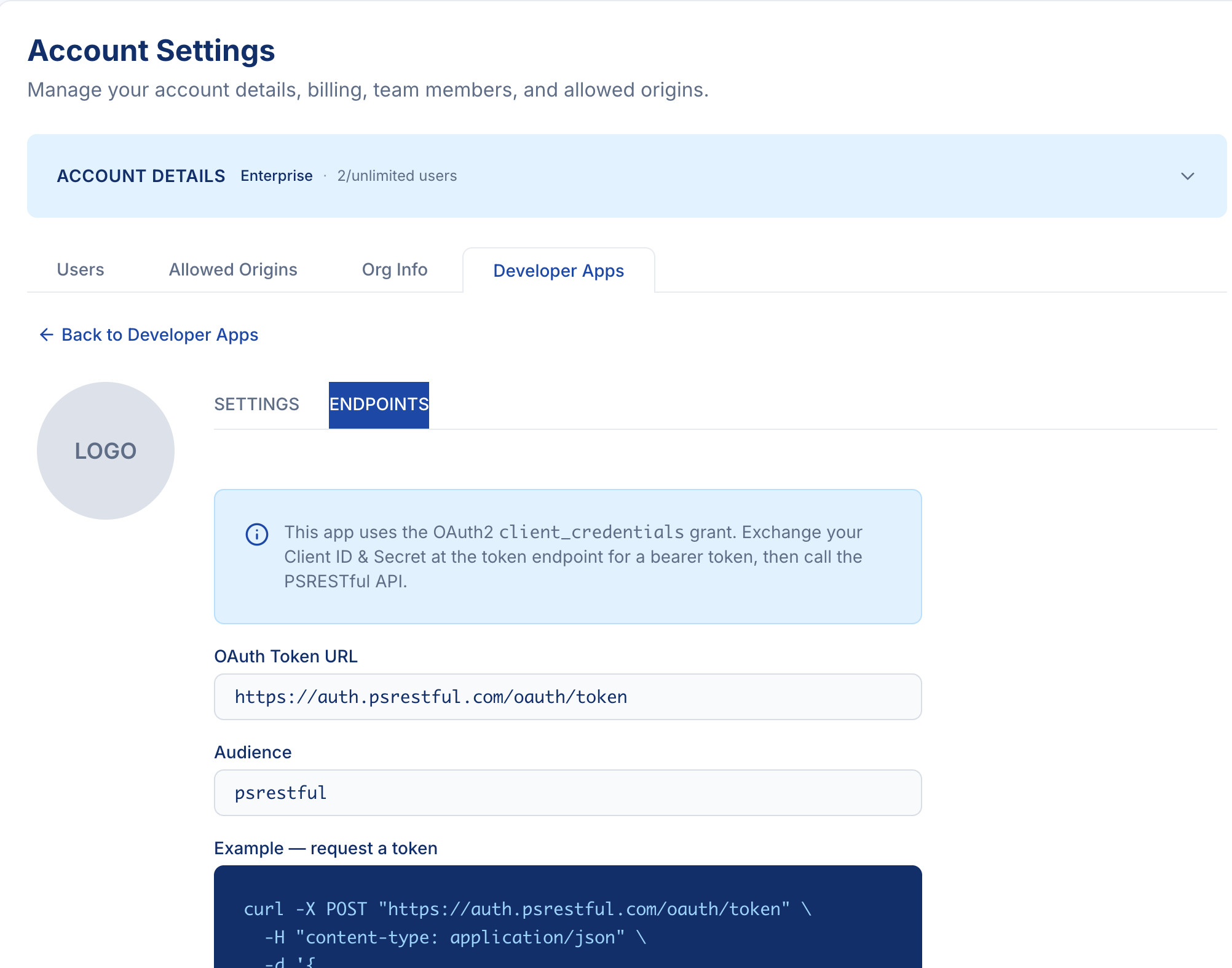 Developer App Endpoints tab showing the OAuth token URL, audience, and a curl example