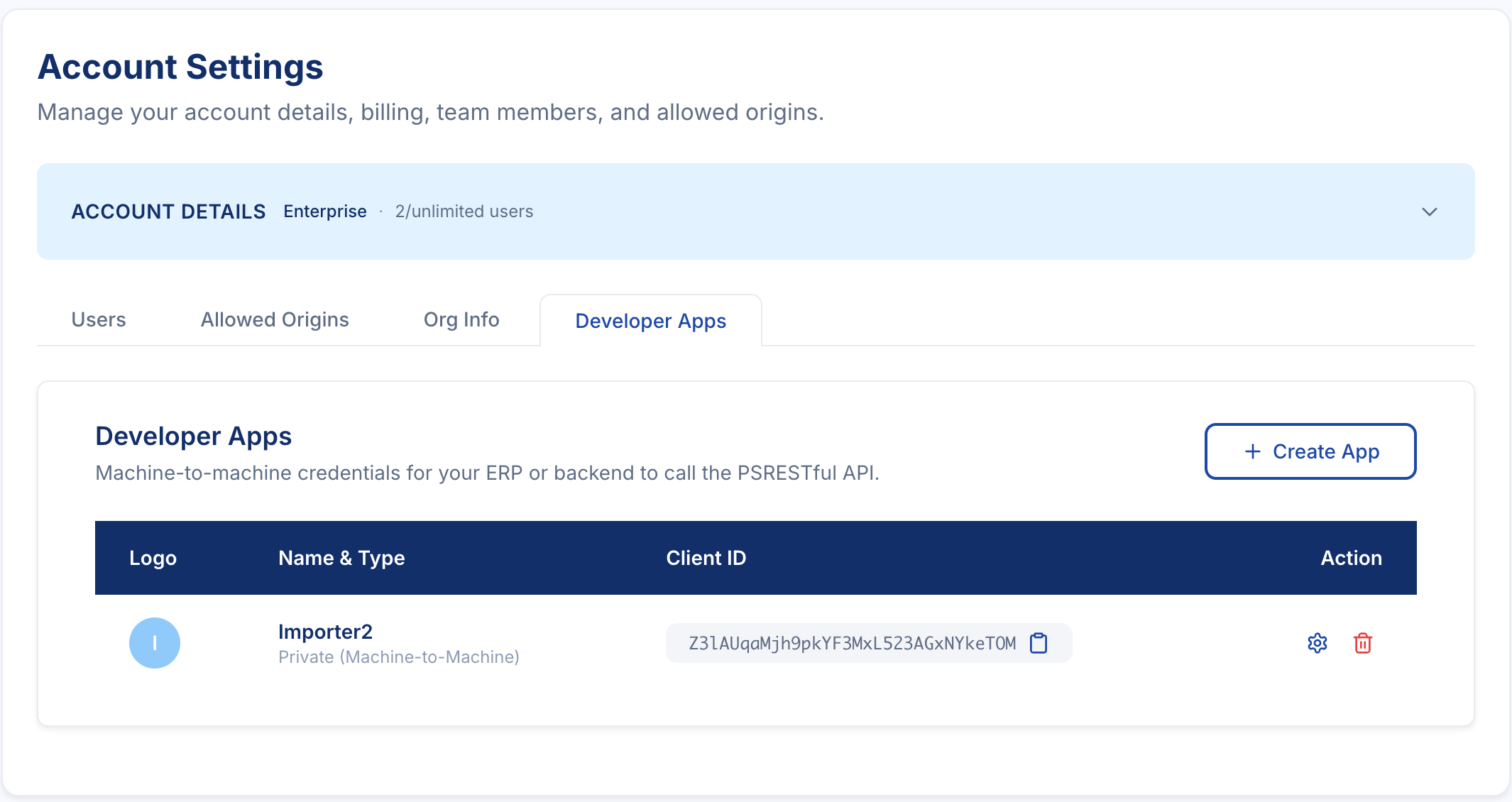 Developer Apps tab listing an app with its Client ID and Settings / Delete actions