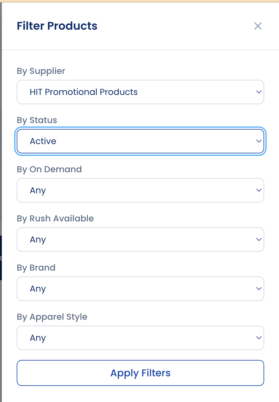 Filter Products modal with "By Status" dropdown