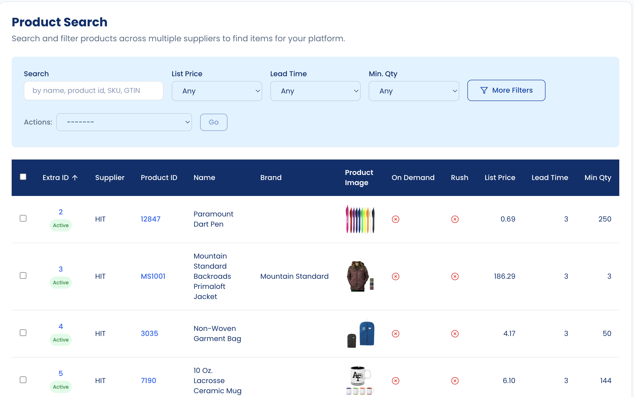 Product search results showing status badges per product row